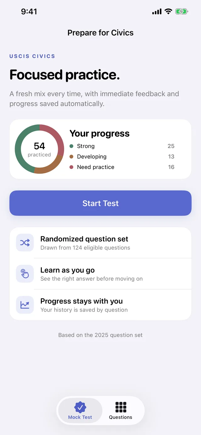 Prepare for Civics focused practice screen showing local progress and a Start Test button
