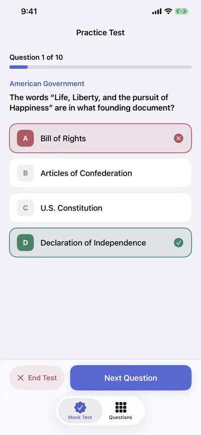 Practice question showing an incorrect answer and the correct answer immediately