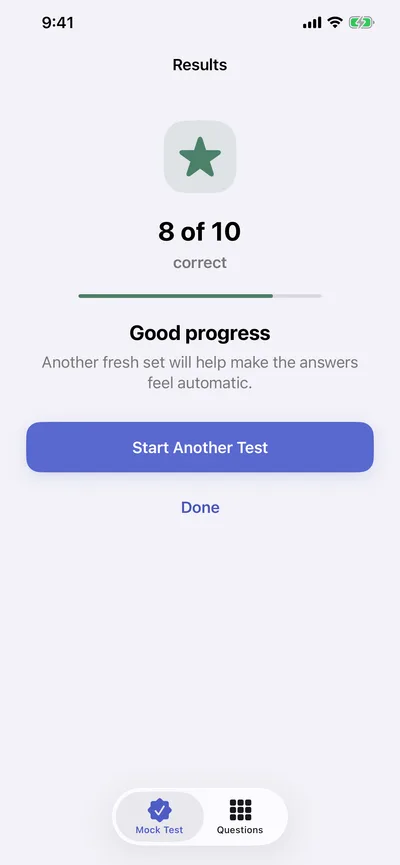 Practice results screen showing 8 of 10 correct
